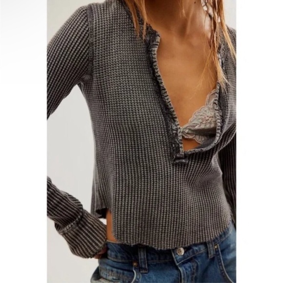 Free People Tops - Free People FP ONE thermal long sleeve one colt gray black distressed buttonNWT